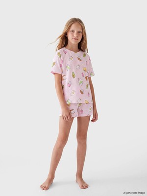 Lc Waikiki Yeni Sezon Bisiklet Yaka Baskılı Kız Çocuk Şortlu Pijama Takım