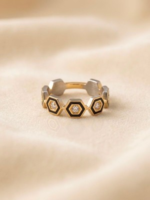 Triya Wear STUDIO-316L Çelik Kadın Yüzük Altıgen Geometrik Taşlı- Gold Renk Ayarlanabilir- Minimalist Şık Parmak Yüzüğü