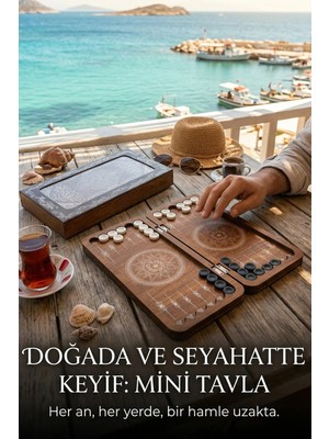 KutuTR Mini Tavla Seti Kompakt Taşınabilir Çantalık Ceviz Renk Eskitme Stil Tavla Hediyelik 2 Adet Tabak Altlığı