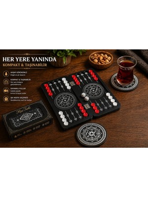 KutuTR Mini Tavla Seti Kompakt Taşınabilir Çantalık Siyah Tavla Hediyelik 2 Adet Tabak Altlığı