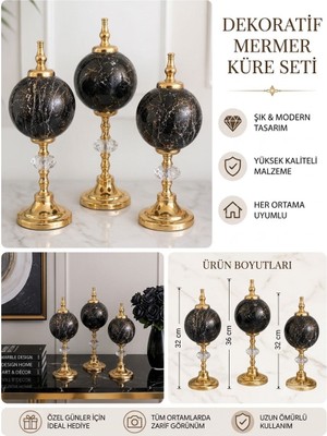 Volix Dizayn Lüks Dekoratif Siyah Mermer Desenli Küre Seti 3’lü Gold Ayaklı Salon Konsol Sehpa Masa Üstü Biblo Dekoru