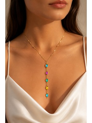 Adata Jewelry Ezme Zincir Karışık Renkli Taşlı Çelik Y Kadın Kolye Gold Renk