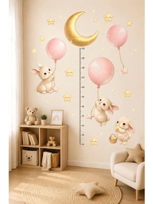 KutuTR Ay ve Balonlu Tavşan Boy Ölçerli Çocuk Odası Duvar Stickerı 50X100 cm Dekoratif Folyo Baskı
