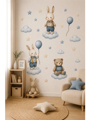 KutuTR Bulut Üzerinde Tavşan ve Ayıcıklı Çocuk Odası Duvar Stickerı 50X100 cm Dekoratif Folyo Baskı