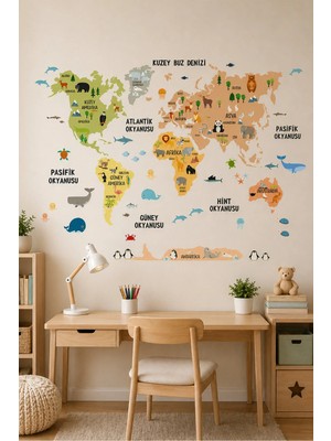 KutuTR Dünya Haritası ve Hayvanlar Temalı Çocuk Odası Duvar Sticker Seti – 50X100 cm