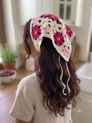 Gülümse Gel Kadın File Örgü Bandana Yazlık Delikli Triko Saç Bandanası Plaj Uyumlu Vintage Çiçek Papatya Motifli Bağlamalı El Örgüsü