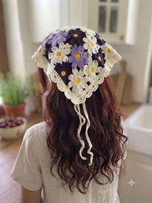 Gülümse Gel Kadın File Örgü Bandana Yazlık Delikli Triko Saç Bandanası Plaj Uyumlu Vintage Çiçek Papatya Motifli Bağlamalı El Örgüsü