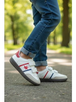 Mireva Unisex Cırtlı Hafif Esnek Rahat Tabanlı Çocuk Sneaker Spor Ayakkabı - Beyaz-Kırmızı