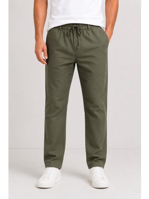 Yazı Keten Erkek Beli Bağlamalı Casual Jogger Pantolon 7734