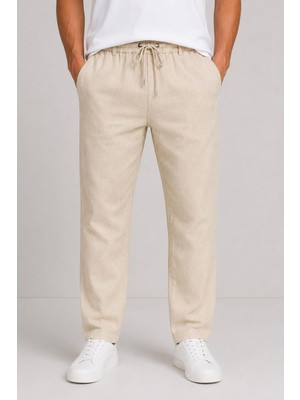 Yazı Keten Erkek Beli Bağlamalı Casual Jogger Pantolon 7734