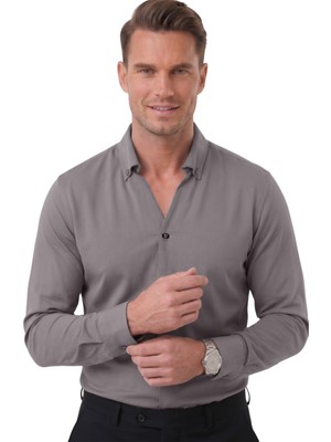 Deepsea Füme Slim Fit Kolay Ütülenebilir Açık Dik Yaka Likralı Erkek Gömlek 2602615