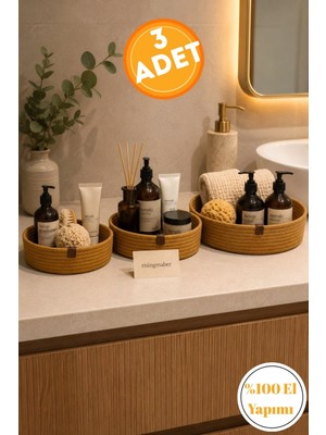 Risingmaber Sarı El Yapımı Tres Kordon Organizer 3lü Sepet Seti Mutfak ve Banyo Düzenleyici MC6S
