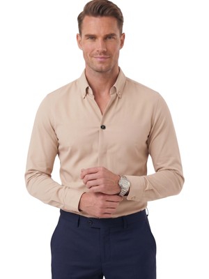 Deepsea Bej Slim Fit Kolay Ütülenebilir Açık Dik Yaka Likralı Erkek Gömlek 2602615