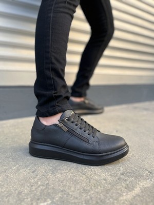 JET-155 Warrior Bağcıklı ve Fermuarlı Cilt Erkek Günlük Sneaker Ayakkabı Cst - Siyah