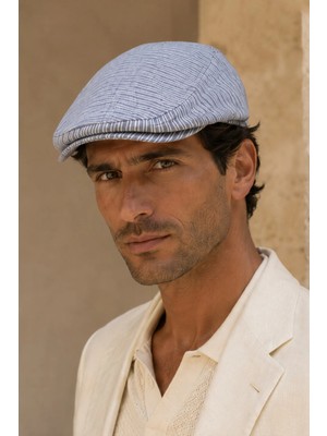 Külah Amalfi Blue Keten Dokulu Slim Fit Kasket – Flat Cap | Riviera Collection