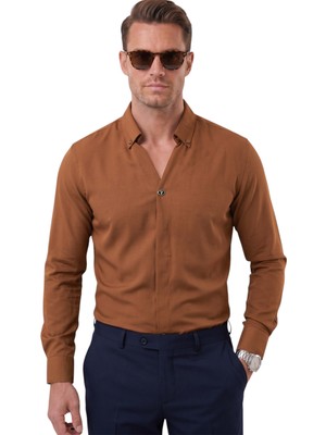 Deepsea Açık Kahve Slim Fit Kolay Ütülenebilir Açık Dik Yaka Likralı Erkek Gömlek 2602615