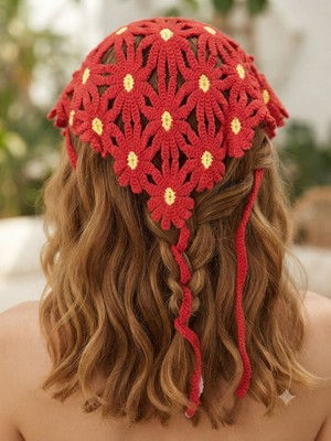 Gülümse Gel Kadın File Örgü Bandana Yazlık Delikli Triko Saç Bandanası Plaj Uyumlu Vintage Çiçek Papatya Motifli Bağlamalı El Örgüsü