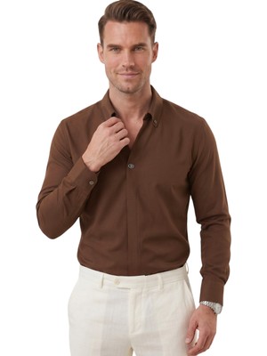 Deepsea Kahve Slim Fit Kolay Ütülenebilir Açık Dik Yaka Likralı Erkek Gömlek 2602615