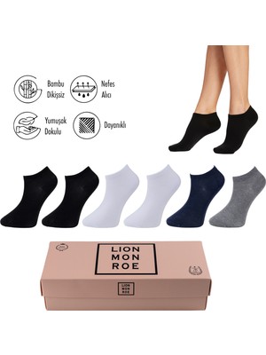 Lion Monroe Saf Bambu Kadın Patik Siyah - Beyaz - Lacivert - Gri Düz Kısa Çorap Dikişsiz Premium Kutulu 6'lı L5952AZNP Softaura