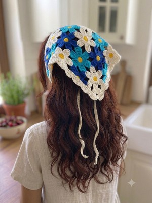 Gülümse Gel Kadın File Örgü Bandana Yazlık Delikli Triko Saç Bandanası Plaj Uyumlu Vintage Çiçek Papatya Motifli Bağlamalı El Örgüsü