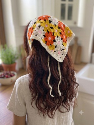 Gülümse Gel Kadın File Örgü Bandana Yazlık Delikli Triko Saç Bandanası Plaj Uyumlu Vintage Çiçek Papatya Motifli Bağlamalı El Örgüsü