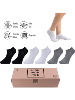 Lion Monroe Saf Bambu Kadın Patik Siyah - Beyaz - Lacivert - Gri Düz Kısa Çorap Dikişsiz Premium Kutulu 6'lı L5952AZNP Softaura