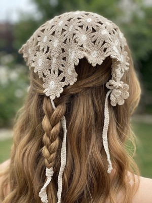 Gülümse Gel Kadın File Örgü Bandana Yazlık Delikli Triko Saç Bandanası Plaj Uyumlu Vintage Çiçek Papatya Motifli Bağlamalı El Örgüsü