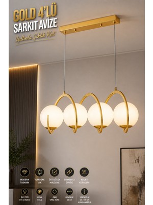 Elvora Home Modern (Premium) Gold 4'lü Sarkıt Avizesi Ampül Hediyeli Küreli Lüks Salon Mutfak Avizesi Modelleri 4XE14 Duyulu