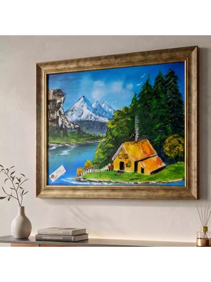 Tokyo Sanat Dağ Evi ve Göl Manzaralı Dekoratif Tablo | Çerçeve Dahil