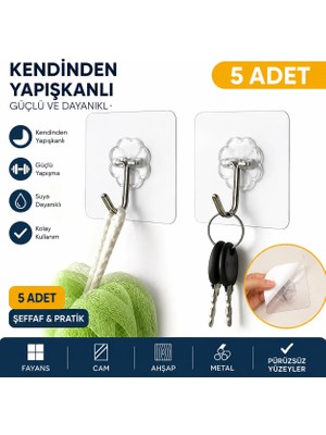 LUXMON Kendinden Yapışkanlı Şeffaf Çengelli Banyo Mutfak Oda Askısı 5 Adet