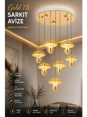 Elvora Home Modern (Premium) 7'li  Gold 3 Renkli Şık Ledli 79W Sarkıt Avizesi Salon Mutfak Oturma Odası Avizesi Modelleri