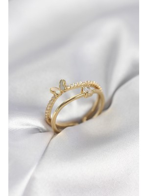 Dinç Store 44 Gold Renk 2'li Zirkon Taşlı Model Kadın Yüzük TJ-BYK3977