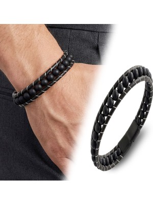 Beycen Aksesuar 6mm Mat Oniks Taşlı Deri Kordon ve Çelik Erkek Bileklik 39022B2D6M1