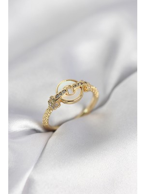 Dinç Store 44 Gold Renk Daire Form Sedef ve Zirkon Taşlı Kadın Yüzük TJ-BYK4003