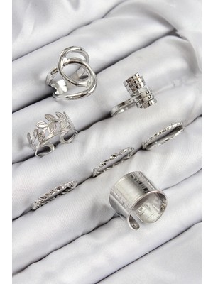 Dinç Store 44 Pirinç Yaprak Model Gümüş Renk Kadın Yüzük Kombin Set TJ-BYK3818