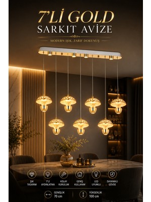 Elvora Home Modern (Premium) Gold 7'li 3 Renkli Şık Ledli 30W Sarkıt Avizesi Uzun Mutfak Yemek Masası Üstü Avizesi Modelleri