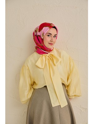 Silk Home Twill Ipek Eşarp Kemer Desen Fuşya 90X90