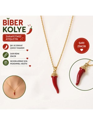 LUXMON Kırmızı Çelik Biber Şans Kolyesi Unisex Altın Renk Zincir
