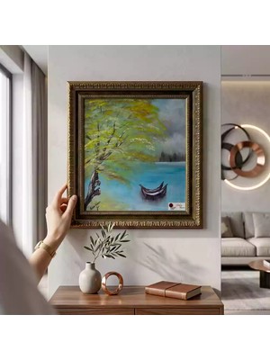 Tokyo Sanat Gölde Kayık Manzaralı Yağlı Boya Tablo (Çerçeve Dahil)