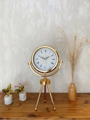 Dinç Store 44 Gold Metal Mini Tripod Çini Desenli Roma Rakamı Masa Saati 45×26 cm