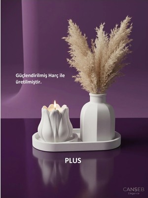 Canseb Elegance Üçlü Mumluk & Pampas Vazosu Dekoratif Obje Seti ( Tealight Mum Hediye )