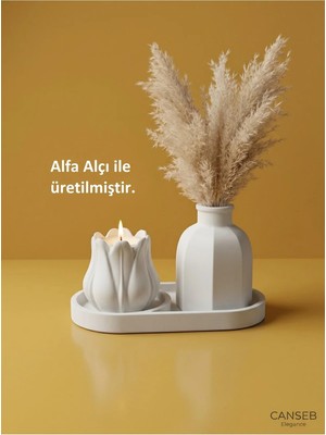 Canseb Elegance Üçlü Mumluk & Pampas Vazosu Dekoratif Obje Seti ( Tealight Mum Hediye )