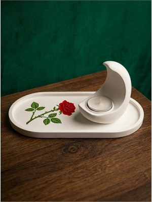 Canseb Elegance Islami Ev Hediyesi Dekoratif - Gül Desenli Hilal Ay Mumluk Seti - (23CM Tepsi 10CM Ay) (Tealight Mum Hediye)