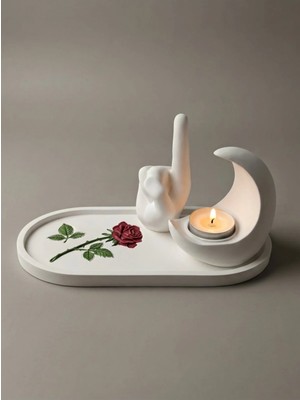Canseb Elegance Gül Desenli Tepsi, Tevhid Eli Biblo ve Hilal Mumluk Seti (Tealight Mum Hediyeli) Islami Ev Hediyesi Dekoratif Hediyelik