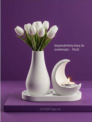 Canseb Elegance 13CM Çiçek Pampas Vazosu & 11CM Hilal Mumluk & 17CM Oluklu Tepsi ( 1 Adet Tealight Mum Hediyeli )