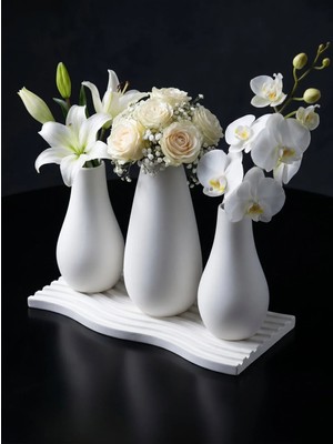 Canseb Elegance 4'lü Şık Dekoratif Vazo Set (Vazolar 13CMX15CMX13CM) - (Tepsi 24CM) Ev Dekorasyonu - Dekor - Hediyelik