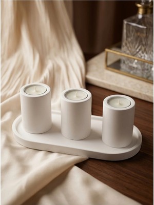Canseb Elegance 4lü 25CM Beton Oval Tabaklı ve Tealight Mumluk Hediyelik Dekoratif Set (Tealight Mum Dahil Değildir)