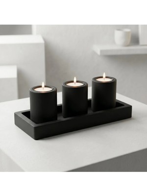 Canseb Elegance Mat Karbon Siyah Dekoratif 4lü Beton Tabaklı Mumluk Seti ( 3 Adet Tealight Mum Dahil )