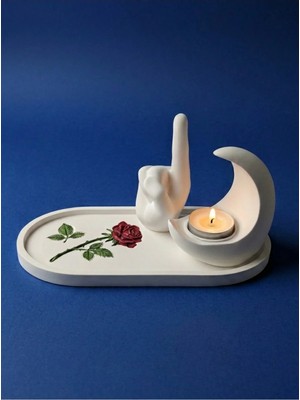 Canseb Elegance Gül Desenli, Tevhid Eli Biblo ve Hilal Mumluk Seti (Tealight Mum Hediyeli) Islami Ev Hediyesi Dekoratif