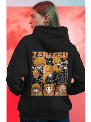 Sevbano Zenitsu Agatsuma Kimetsu No Yaiba Anime Sırt Baskılı Unisex Oversize Premium Hoodie